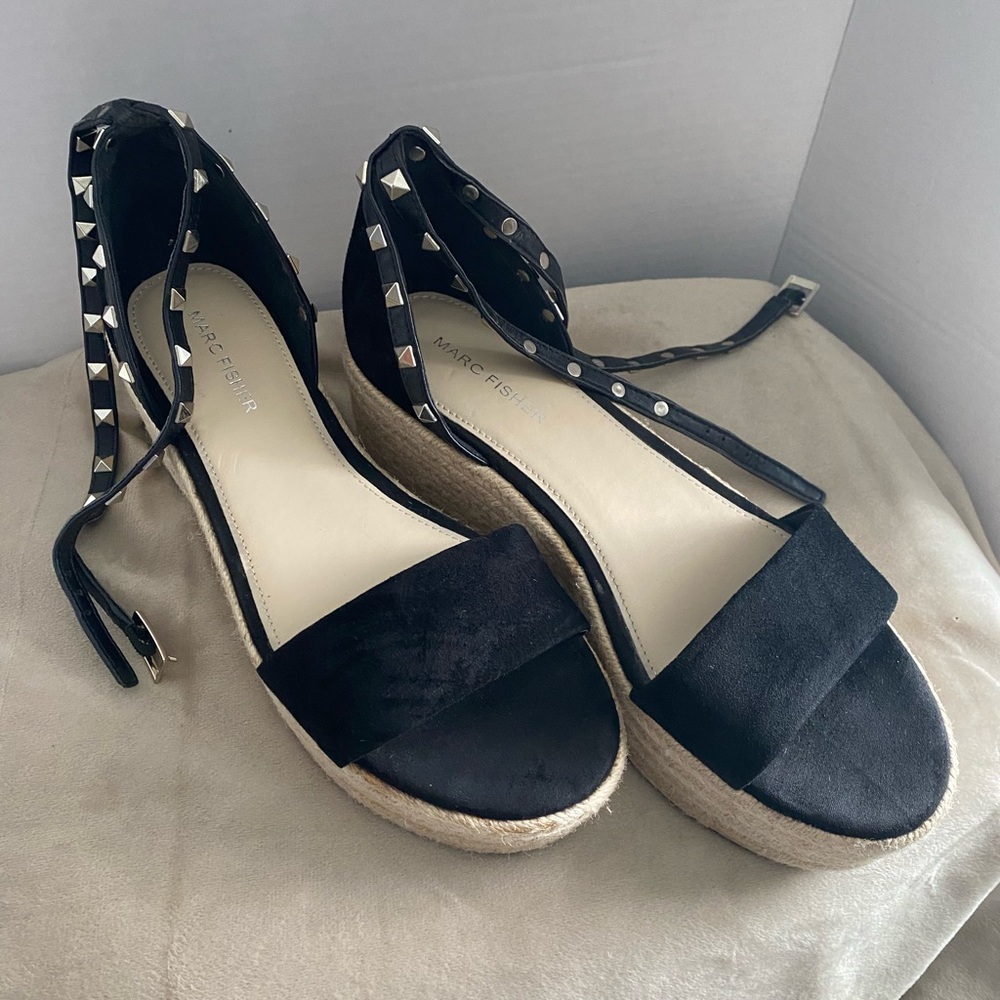 Marc Fisher Black Suede Espadrille Wedge Sandals with Studded Ankle Straps